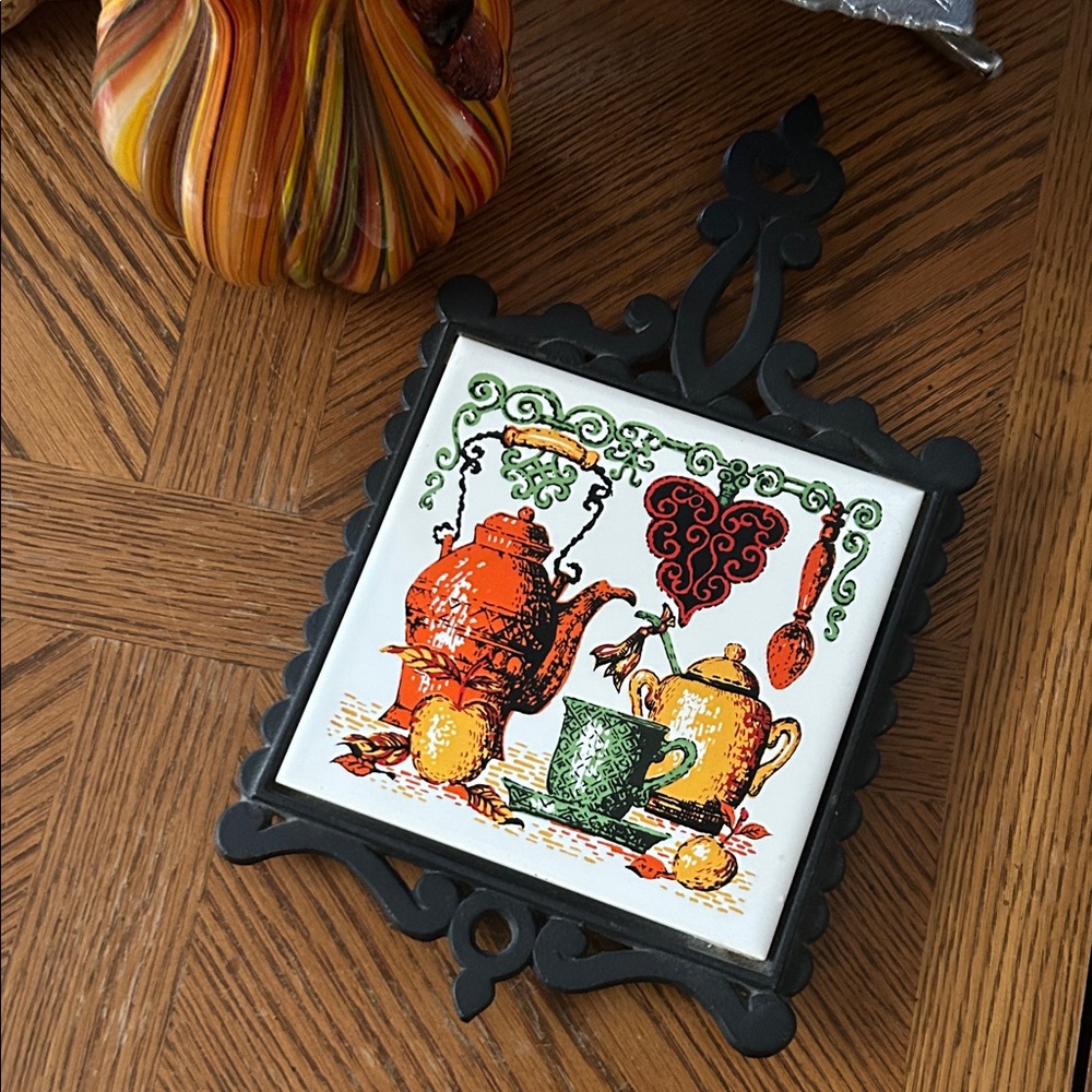 Vintage Ceramic Trivet with Teapot Design